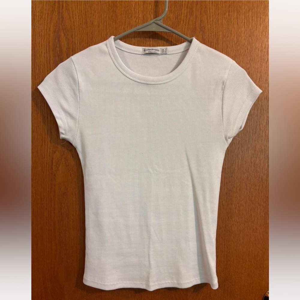 Stradivarius White Ribbed Short Sleeve Top